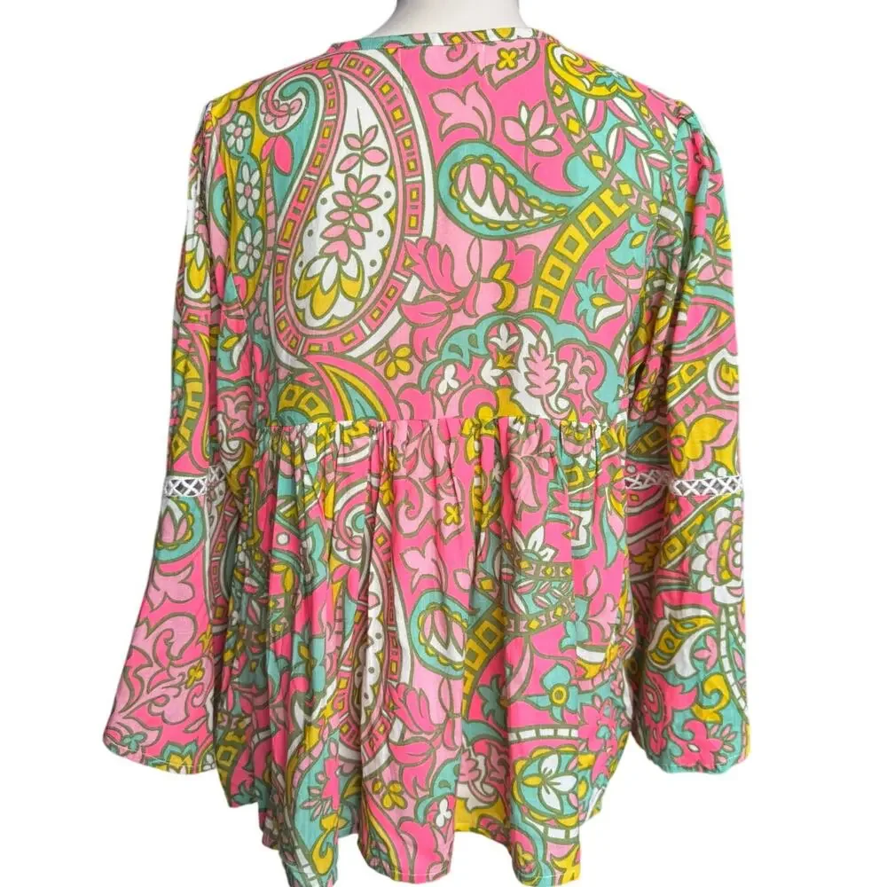 Miss June Paris Pink Boho Embroidered Tassel Peasant Tunic Top Rayon Medium - Picture 6 of 10